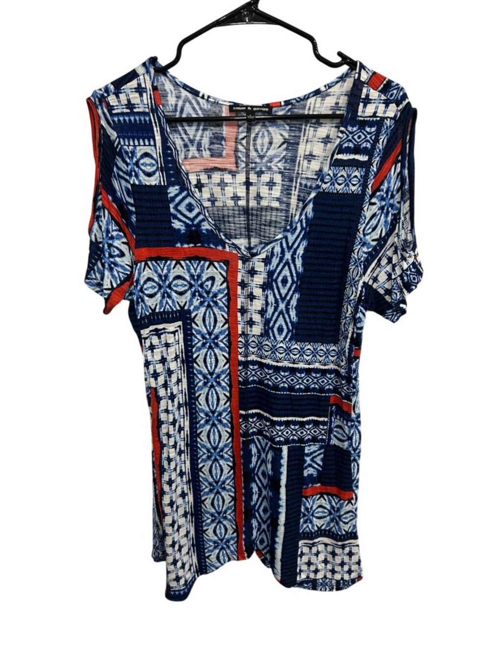 Cable & Gauge Blue White Patchwork Print V-Neck Top Size Large Coastal Boho